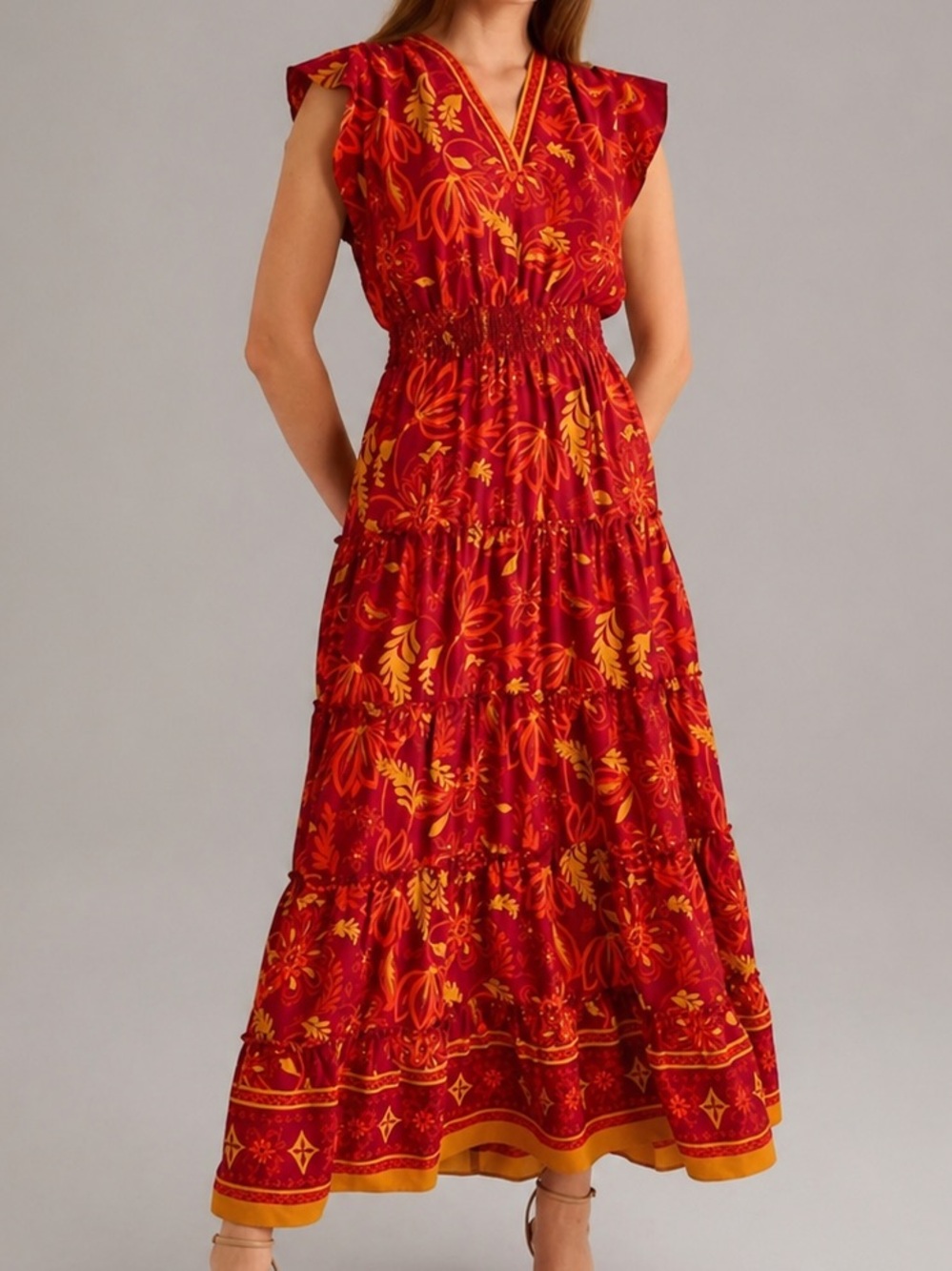 🆕🍎 Vince Camuto Boho Floral Maxi Dress Red Orange Tiered Size L Summer Flowy